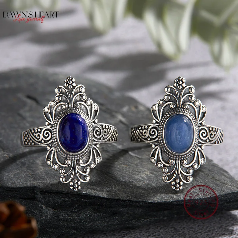

Vintage Pure 925 Sterling Silver Ring Open Adjustable Natural Stones Jade Luxury Designer Jewelry Dating Engagement Rings Woman