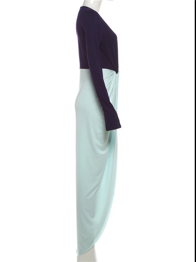 Nibber 패션 명암 컬러 패치 워크 긴 원피스 여자 깊은 V-Neck 플라 슬리브 Ruched Hem Street 우아한 스키니 베스티도