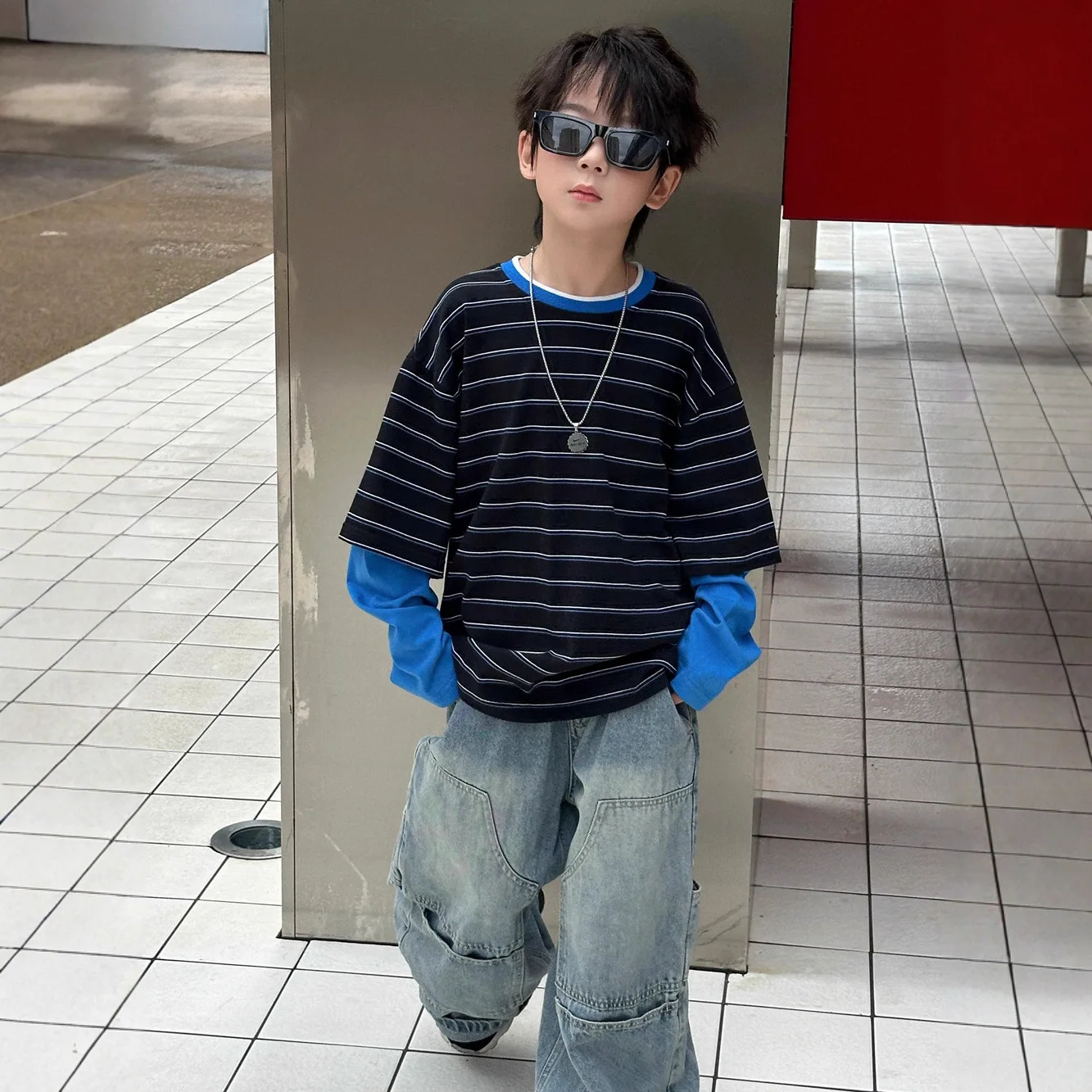 Boys False Two-piece T-shirt 2025 Autumn New Korean Fashion Casual Daily Patchwork Long Sleeve Striped Top Kids Cotton Top