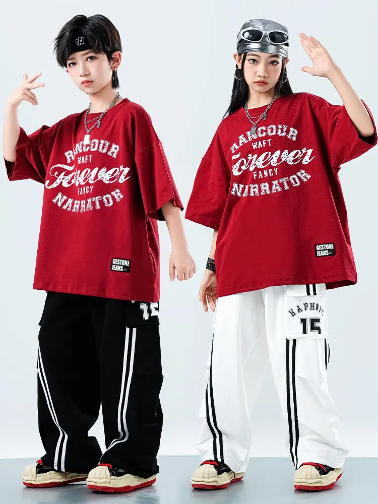 여자 힙합 세트 빨간 티셔츠 스트리트 댄스 블랙 느슨한 바지 소년 streetwear 어린이 볼룸 옷 어린이 재즈 의상