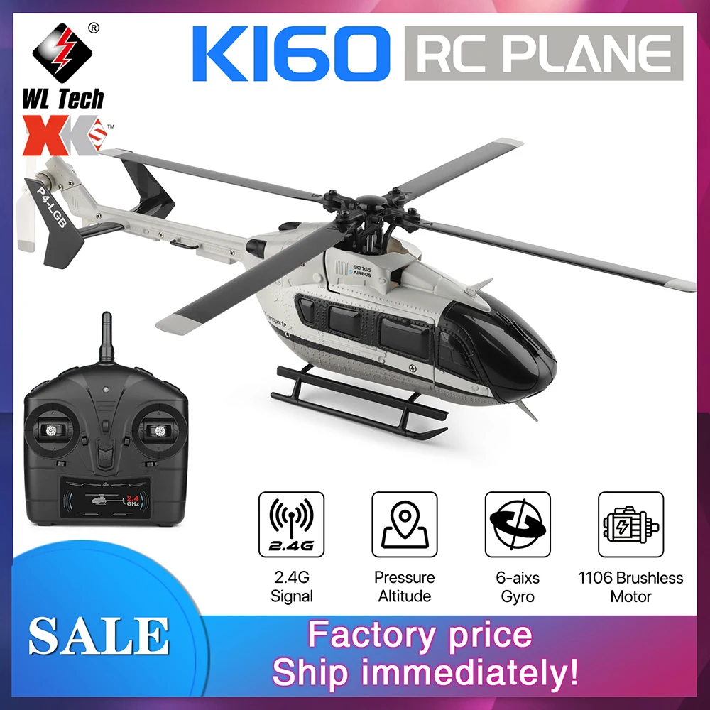 

New WLToys RC Helicopter K160 Brushless Motor Airplane 2.4GHz 4CH 6-axis Gyro EC-145 Model