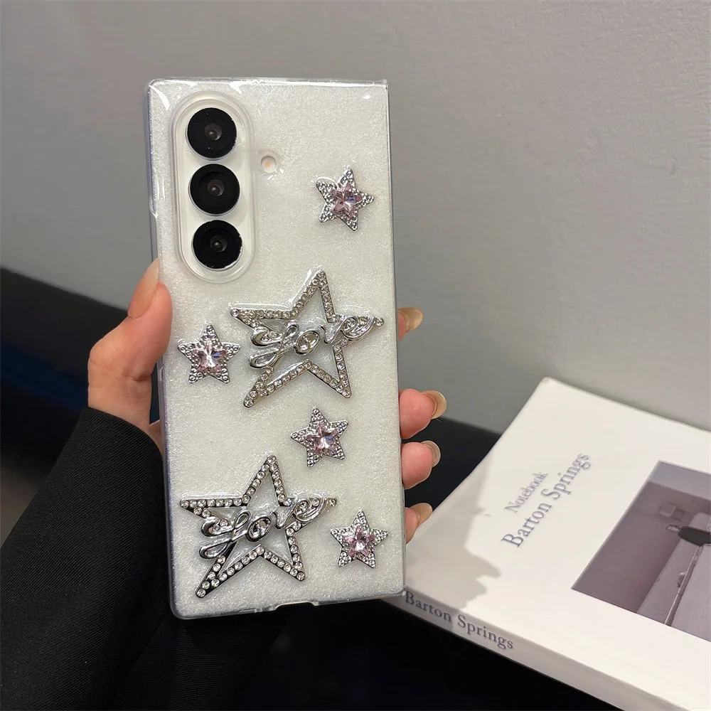 Y2K Starry Rhinestone Pink Star Clear Epoxy Phone Case for Samsung Galaxy Z Fold 8 Crystal Bead Wrist Strap Cover for Z Flip 8-3