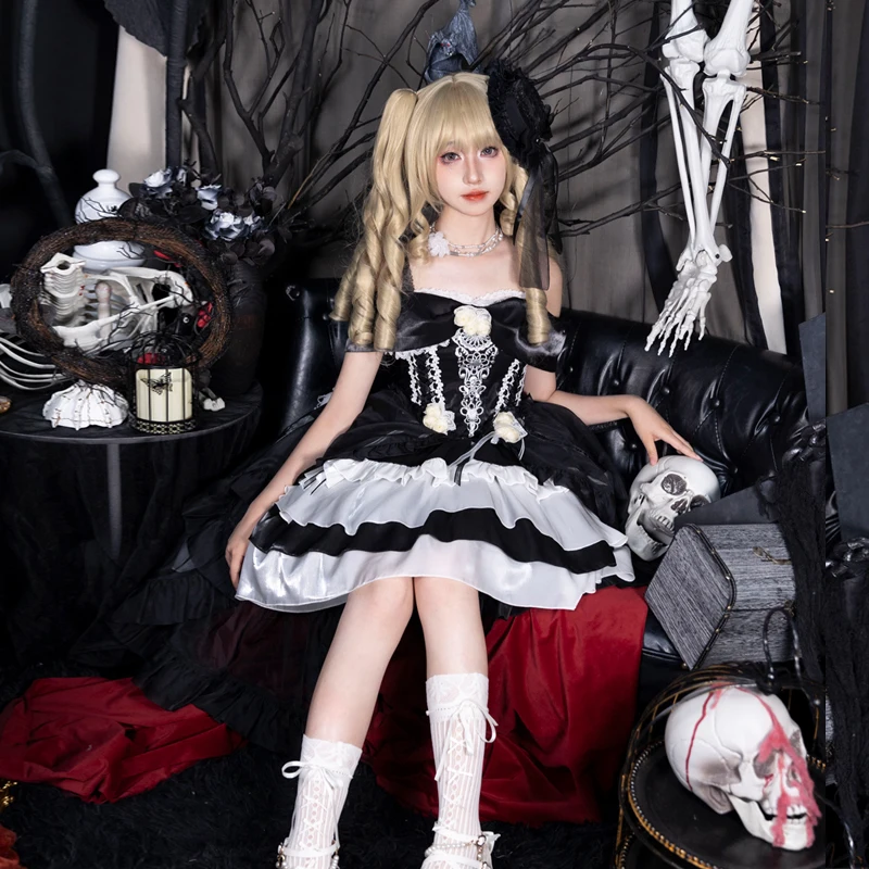 

Японское платье Лолита для женщин: короткое спереди, длинное сзади, с шлейфом, на бретельках, пышное, готическое, темное, средней длины, А-силуэт