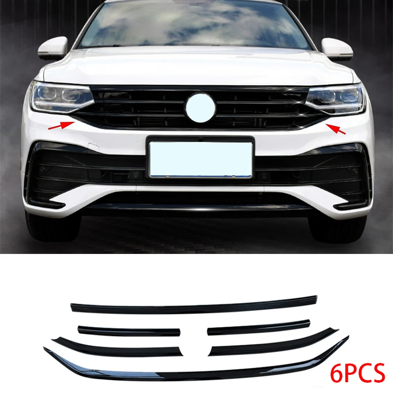 

Для Volkswagen Tiguan 2022 2023 ABS глянцевая черная передняя решетка спортивный черный комплект кузова центральная решетка молдинг накладка накладка 6 шт.
