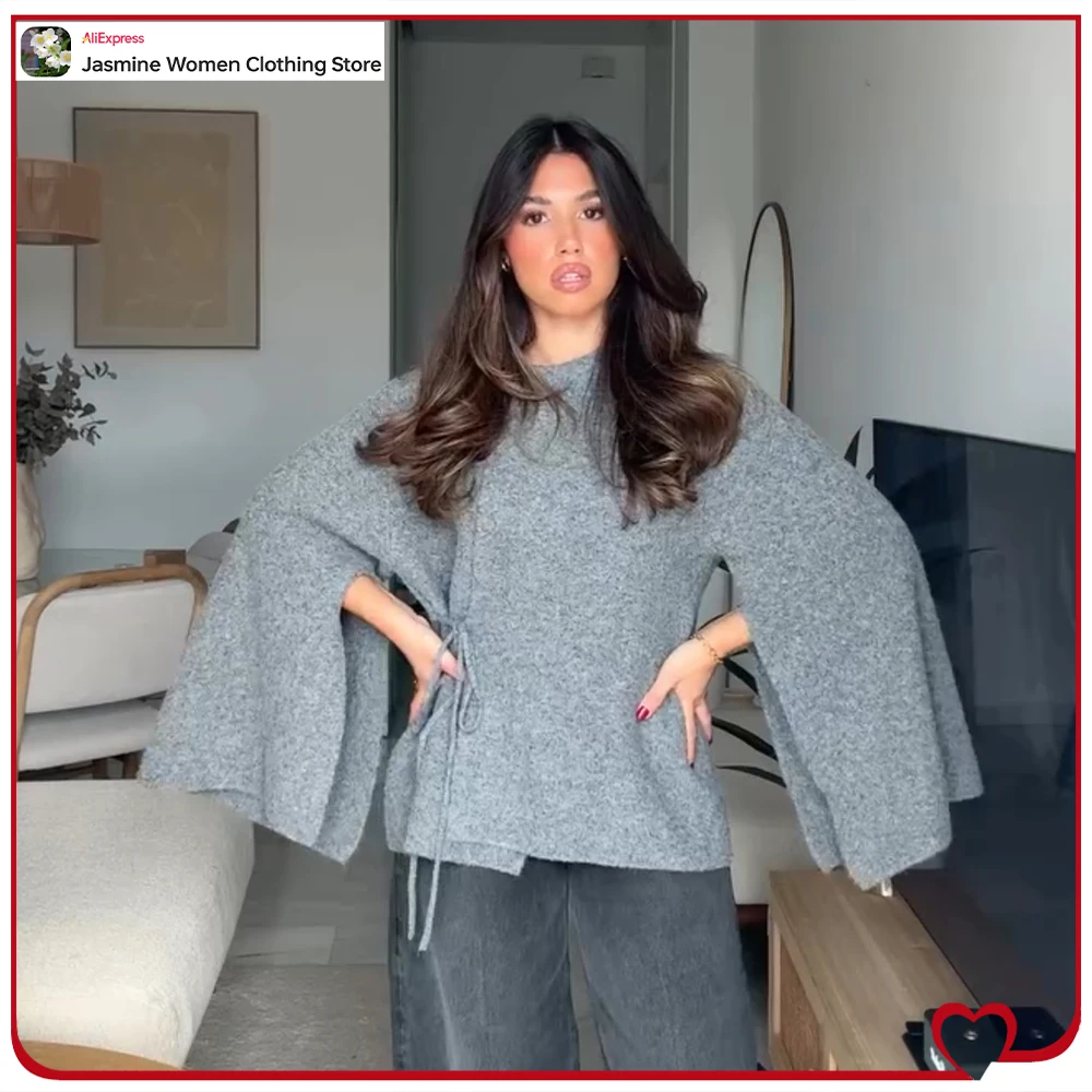 

Stylish Wide Slit Sleeves Kimono-style Cardigans for Women Autumn O-Neck Gray Knit Outwear Crossover Closure with Tie and Button