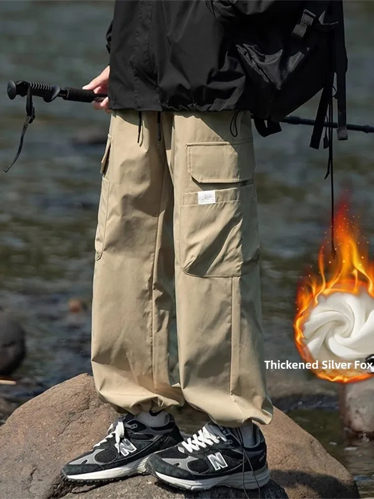 

Утепленные флисовые рабочие брюки для мужчин: осенне-зимние повседневные спортивные уличные штаны в американском стиле с манжетами на шнурке