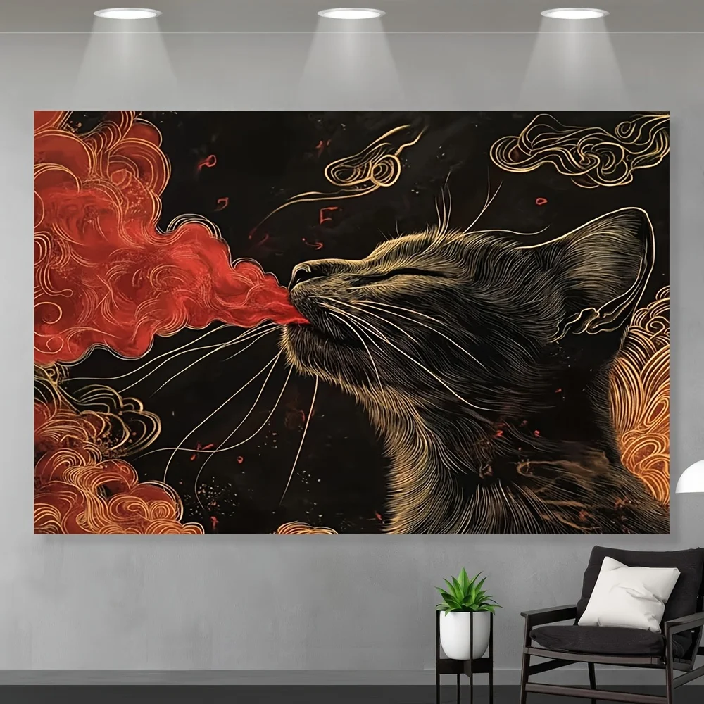 Einzigartiger Wandteppich mit Feuerkatze-Design, Gothic-Fantasie-Wandbehang, psychedelische Tierkunst, dunkle ästhetische Schlafzimmer- und Wohnzimmerdekoration