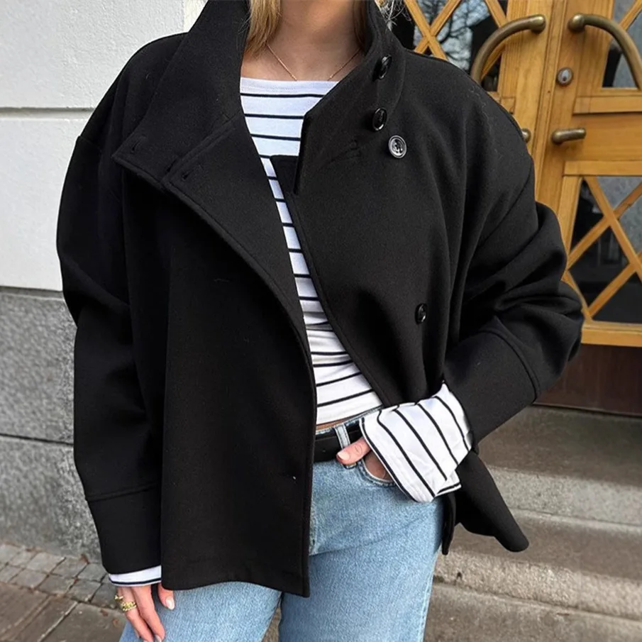 Women Winter Wool Blend Short Jacket Elegant Stand Collar Single Breasted Loose Warm Coat Casual Streetwear Женская куртка