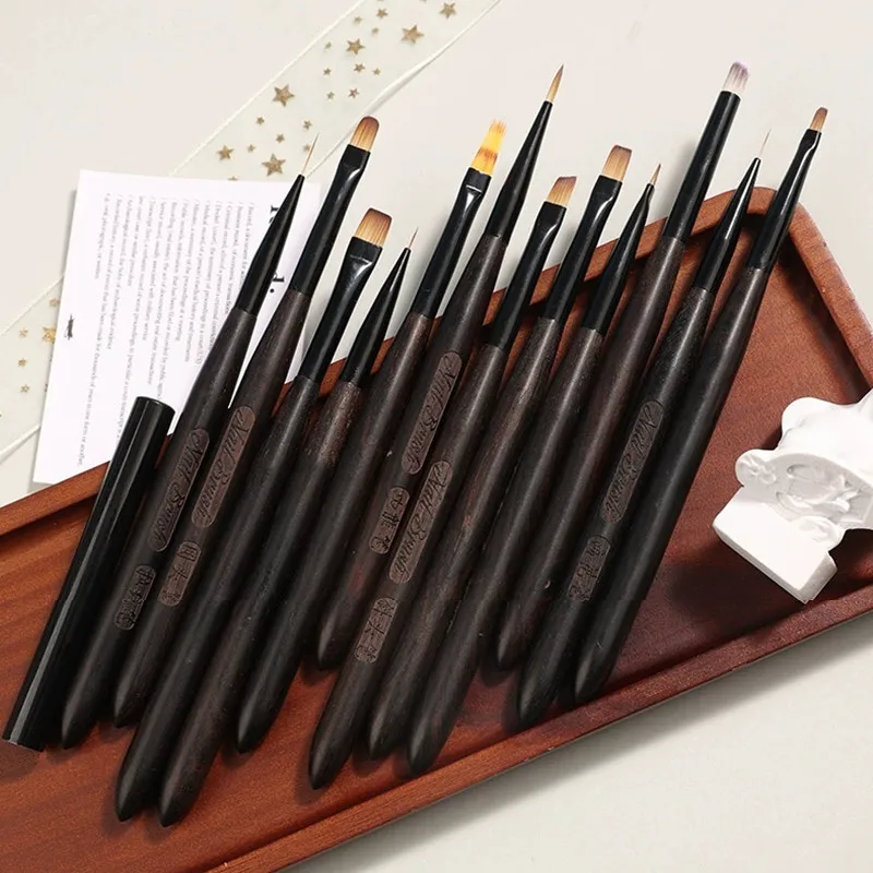 1/12PCS Ronde Houten Handvat Tekening Borstels Voor Manicure Lijnen Schilderen Gradiënt UV GEL Uitbreiding Builder Tekening pen Sandelhout
