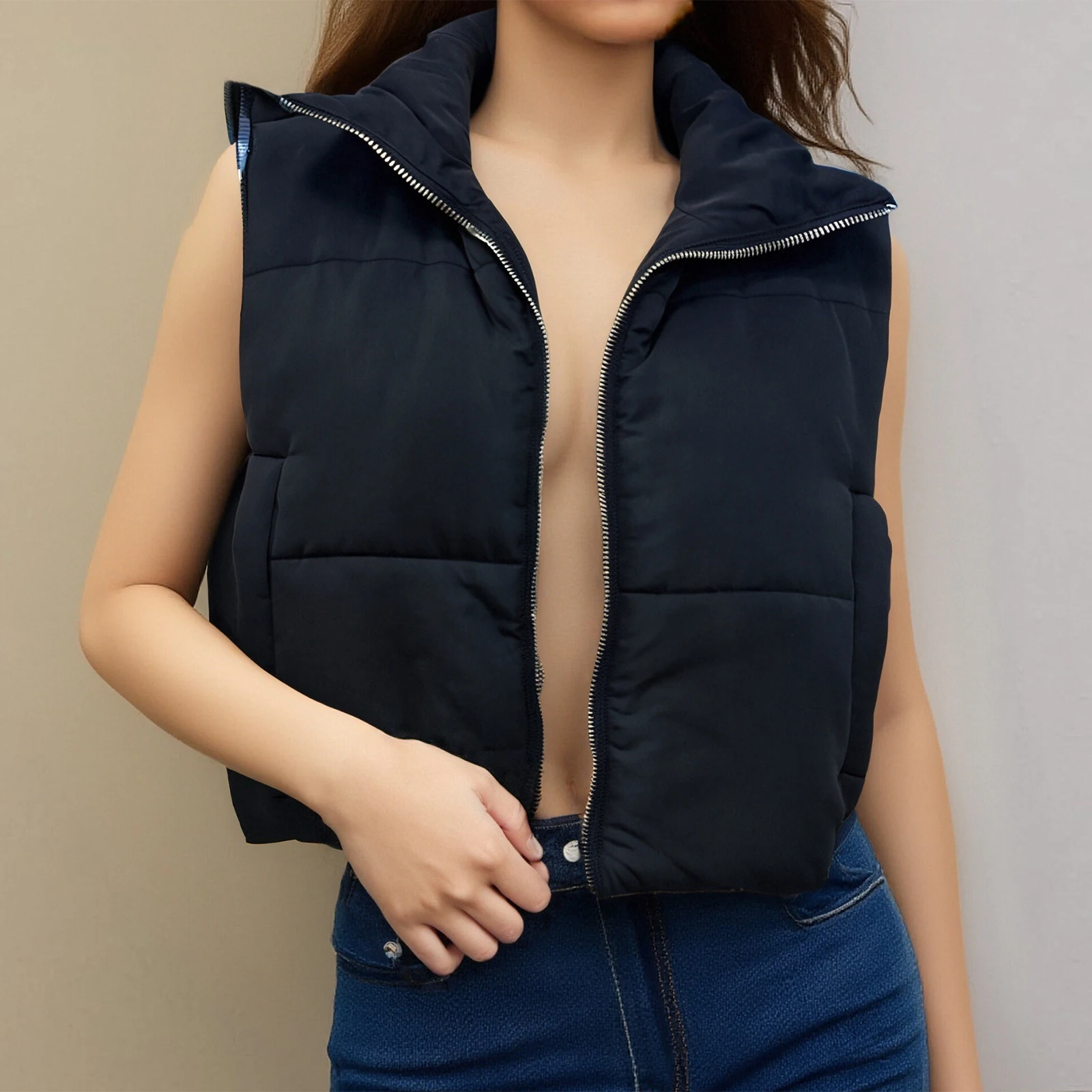 

Новый женский стеганый жилет без рукавов, однотонный, с воротником-стойкой, на молнии, повседневная укороченная куртка с карманами