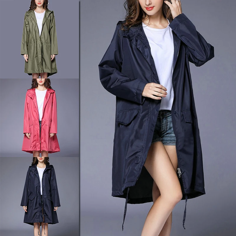 Women Raincoat Waterproof Rainwear Men Hooded Rain Coat Solid Color Portable Outdoor Zipper Long Poncho Rain Jacket Cover