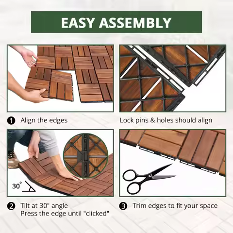 Acacia Interlocking Deck Tiles (12x12 Pack 20), Acacia Wood Deck Tiles Interlocking Outdoor, Indoor Flooring Mats for Balcony