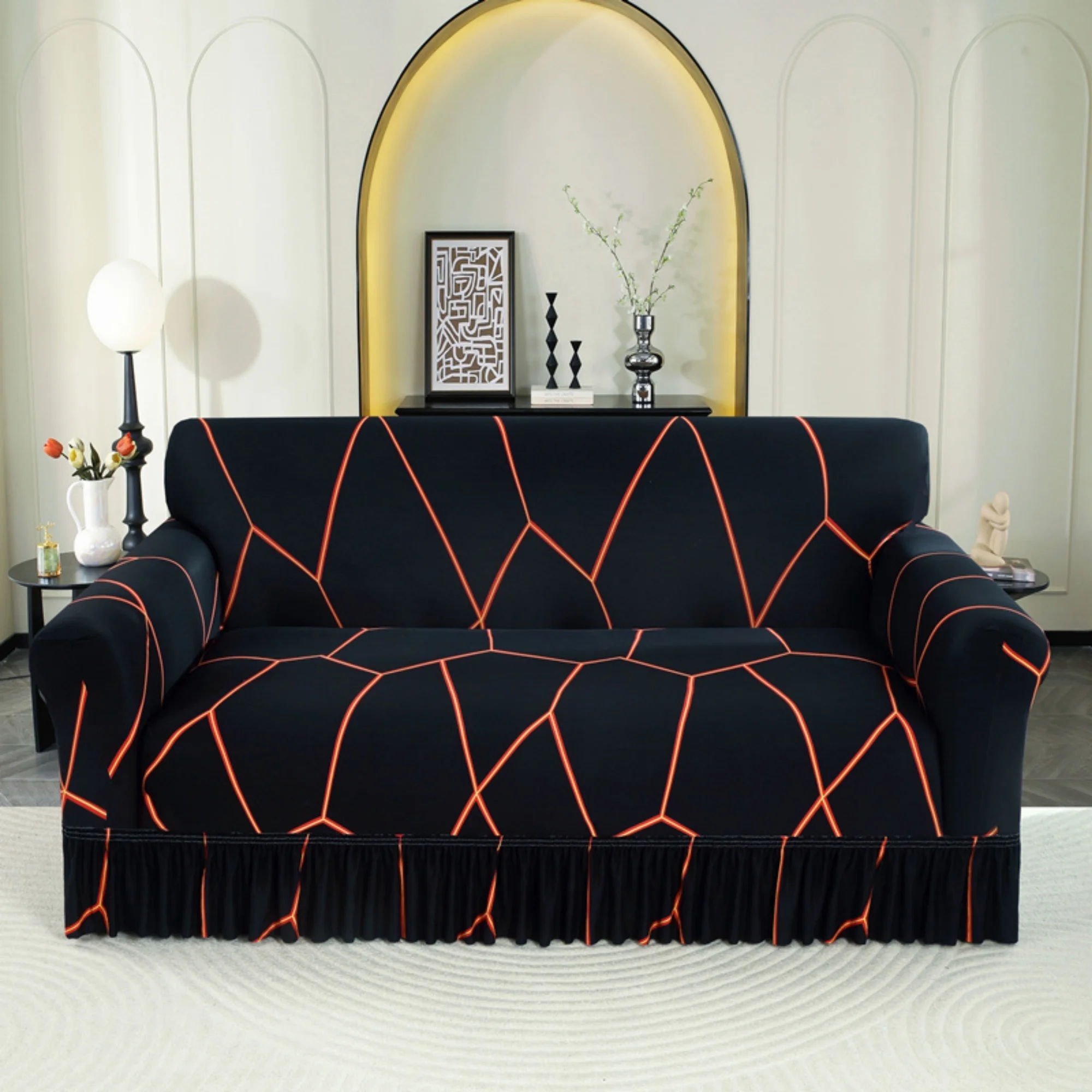 Abstract style print milk silk brushed sofa cover; elastic fabric & skirt design; suitable for all seasons