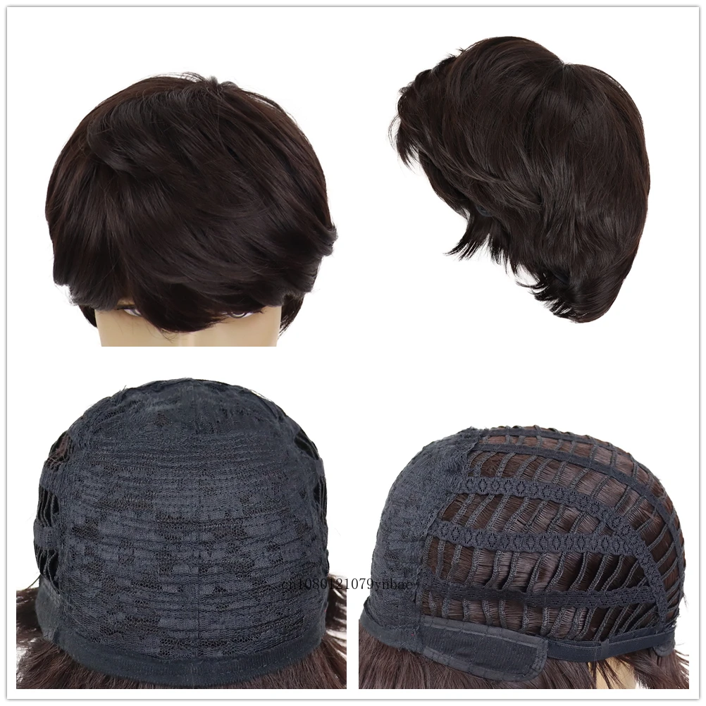 Peruca marrom reta curta com franja masculina, cabelo sintético, resistente ao calor, fantasia de festa diária, cosplay, Halloween, moda