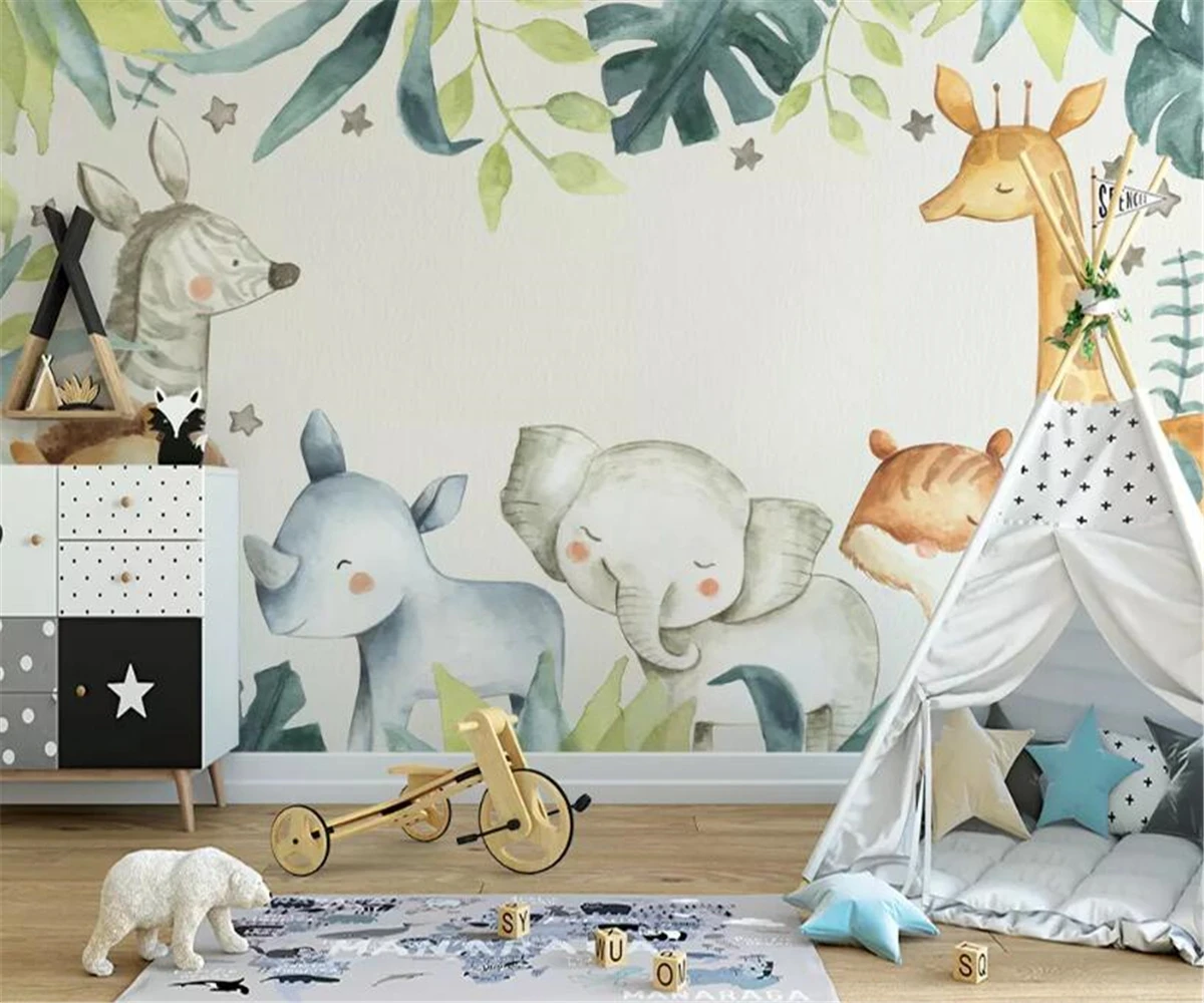 Custom cartoon Wallpaper modern cartoon animal tropical giraffe watercolor plant Children's room background wall 3d Wallpaper