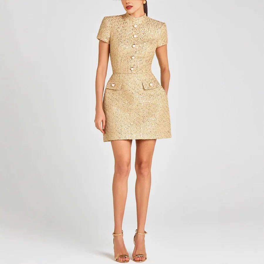 Elegant Socialite Solid Color Mini Dresses Buttons Stand Collar Short Sleeves Dress Temperament Lady Commuting Style Vestidos