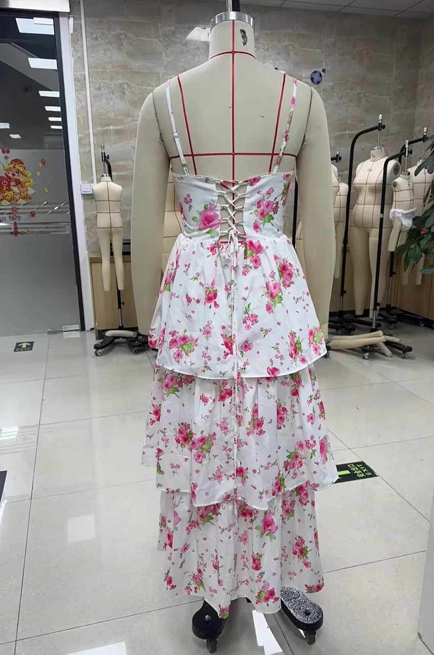 Vestido camisola floral para mujer, cuello en V, tirantes finos, espalda abierta, lazo cruzado, corte en A, vestido largo con volantes en capas divididas