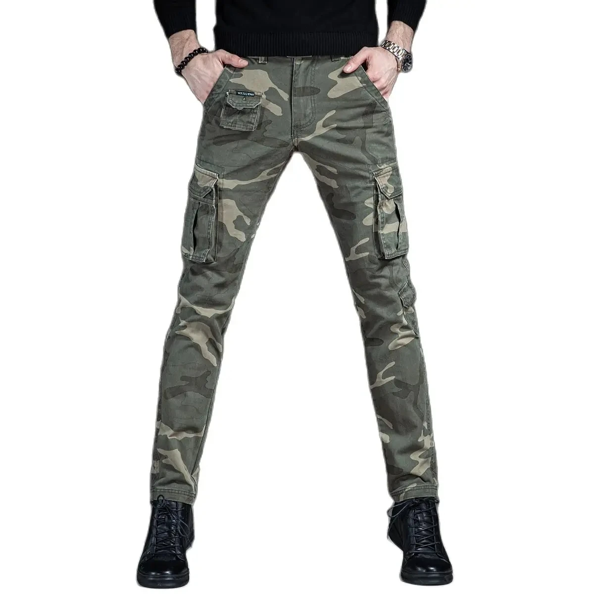 Men’’s Light Luxury Camouflage Outdoors Sports Jeans,Multi-pocket Wear-proof Slim Fit Cargo Pants,Cool Style Casual Pants;