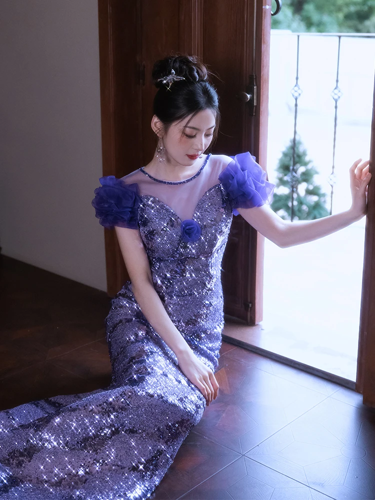 

Фиолетовое вечернее платье для женщин: Элитное, блестящее, с юбкой-русалкой, для ежегодных встреч и торжественных мероприятий