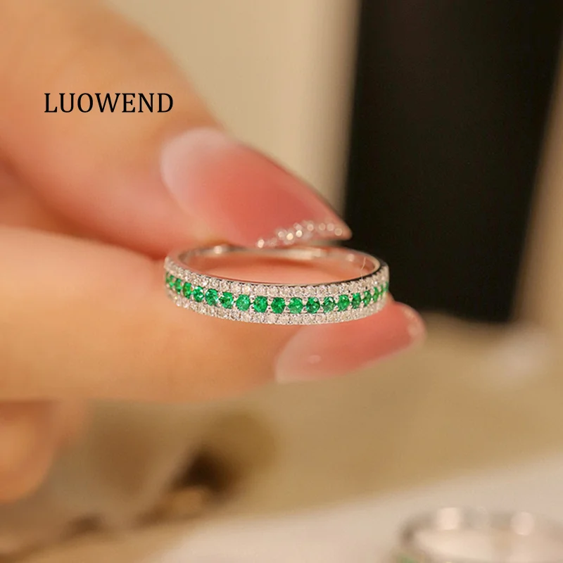 LUOWEND 100% 18K White Gold Rings Vintage Style Luxury Diamond Natural Swat Emerald Engagement Ring for Women High Party Jewelry