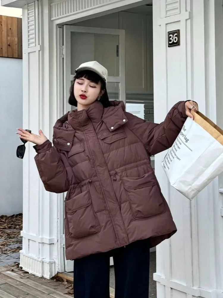 2025 موضة جديدة مقنعين منتصف طول سميكة الدافئة بطة أسفل معطف الإناث جديد الخريف الشتاء ملابس علوية النساء رقيق سترة منفوخة #4