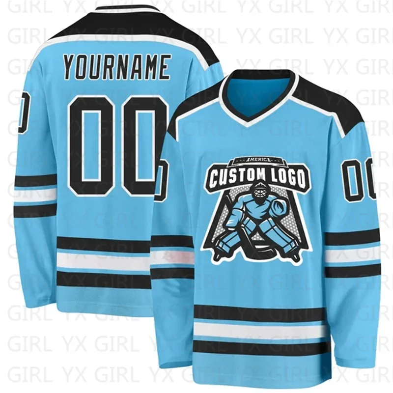 

Custom Sky Blue Black-White Hockey Jersey 3D Print You Name Number Youth Women Men Hockey Jersey Competition Training Jerseys