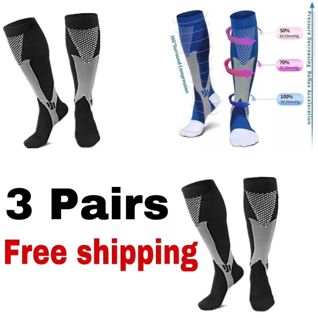 Free Shipping 3 Pairs Compression Socks for Varicose Veins Football Soccer 20-30 Mmhg Men Women Sport Socks for Running Cycling