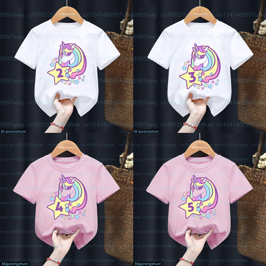 

New Hote Sale Rainbow Unicorn Stars T Shirt Happy Birthday Present Number 2-10th T-Shirt Girls Kids Clothes Short Sleeve Tops