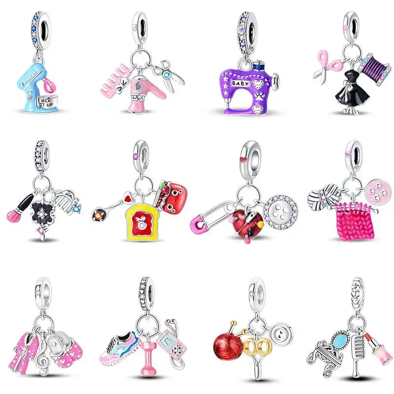 Hapilife 925 Sterling Silver Family Life Series Pendant Sewing Machine Weaving Alarm Clock  Charms Beads Fit Bracelets DIY Gifts