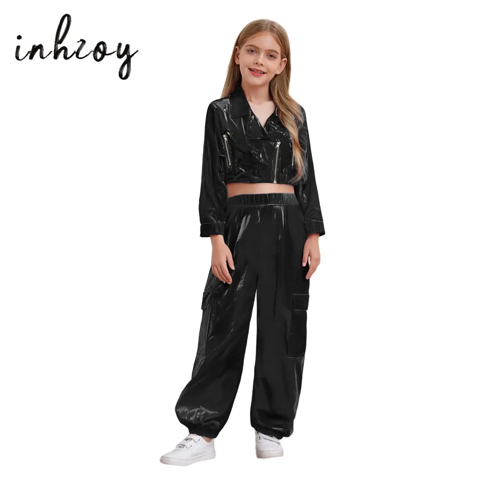 

Kids Girls Boys Hip-Hop Jazz Dance Outfit Holography Shiny Metallic Turn-Down Collar Long Sleeve Jacket Coat Outwear+Pants Suit