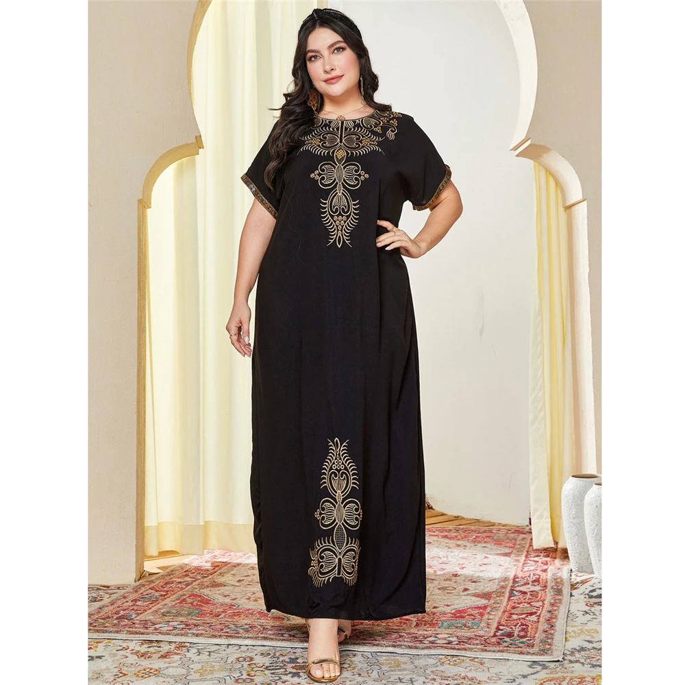 

Elegant Plus Size Women Short Sleeve Maxi Dress Beads Embroidered Abaya Muslim Dubai Turkey Kaftan Islamic Clothing Robe Caftan