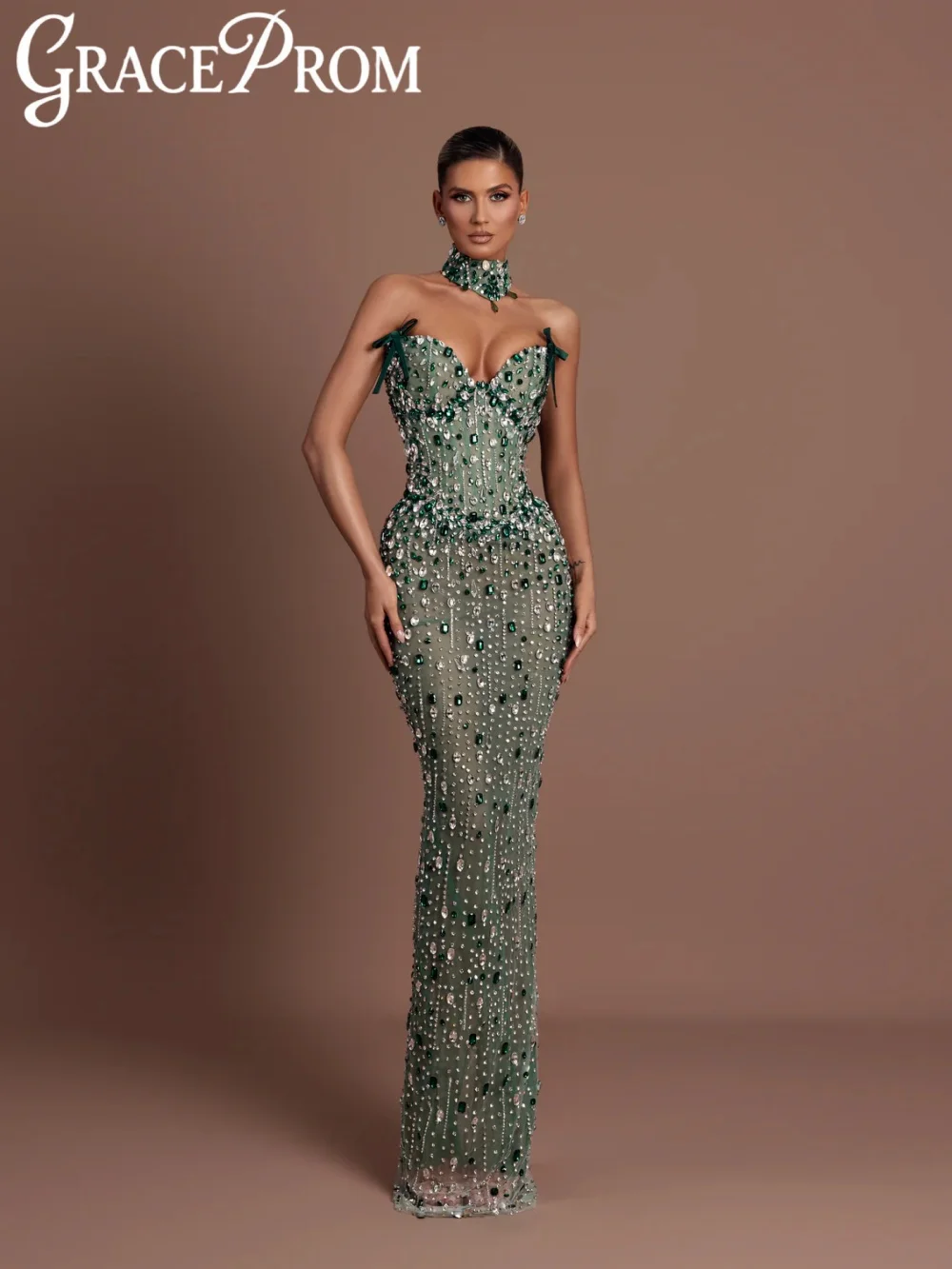 

Exquisite Dazzling Rhinestones Evening Dress Floor-length Graceful Vneck Wedding Party Gown Customized Glamorous Prom Dresses