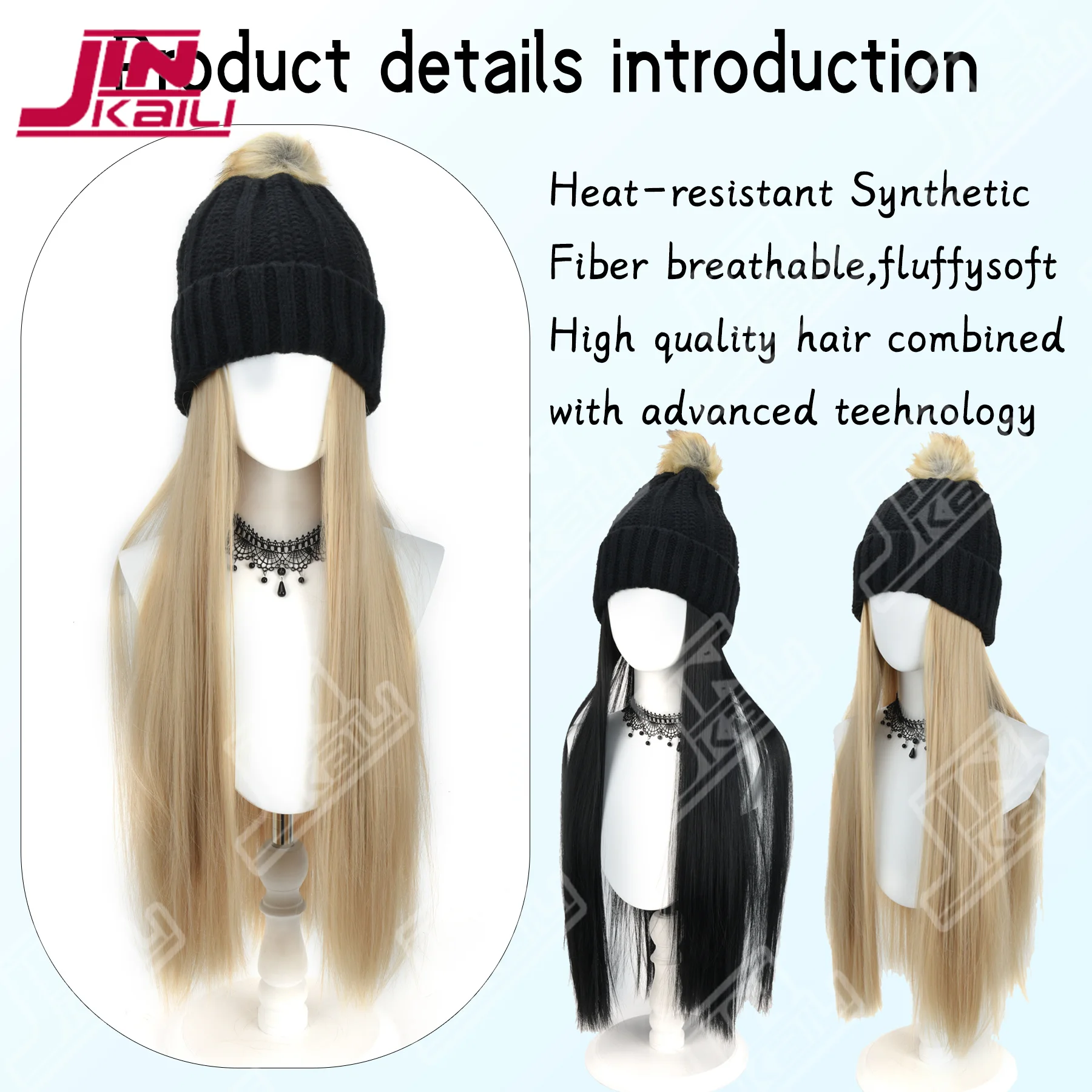 قبعة محبوكة صناعية من JKL مع شعر مستعار طويل مجعد، شعر مستعار مموج، شعر مستعار شتوي، قبعة محبوكة باللون البيج/الأحمر/البني الأسود لزي عيد الميلاد #4