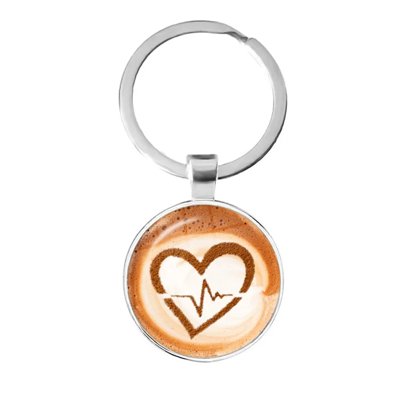 Classic Coffee Latte Carving Love Heart Art Keychain Key Rings Chocolate Printing Flower Charm Pendant Jewelry Gift