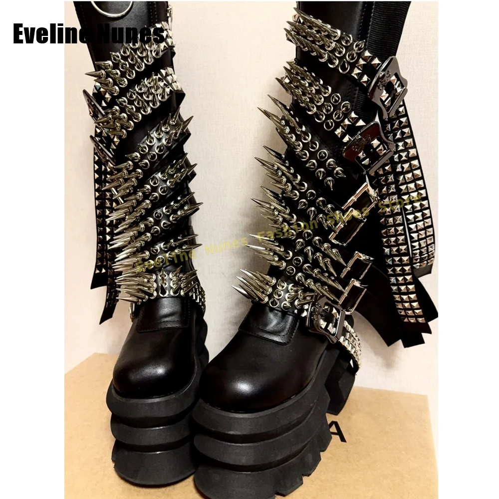 Y2K Rivet Spike Punk Motorcycle Boots Round Toe Thick Sole Platform Belt Buckle Large Size 35-47 Couple Knee High Boots Newest