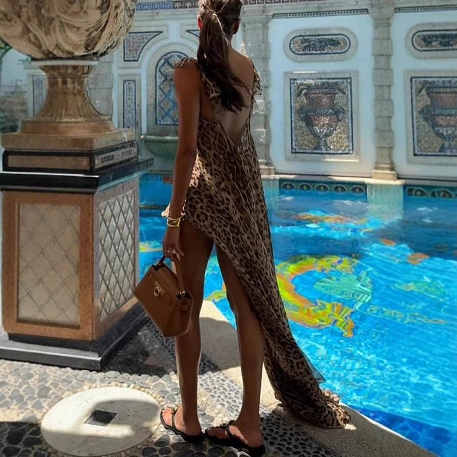 Melphieer Chiffon Leopard Printed Sling Beach Dress 2pc Suit Maxi Beach Cover up Woman Swimwear Bikini Beachwear Outfit Sundress