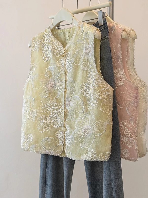 New Chinese Style Heavy Embroidery Lace Organza Tank Top Women Summer New Model National Style High-End Sensation Sleeveless ...