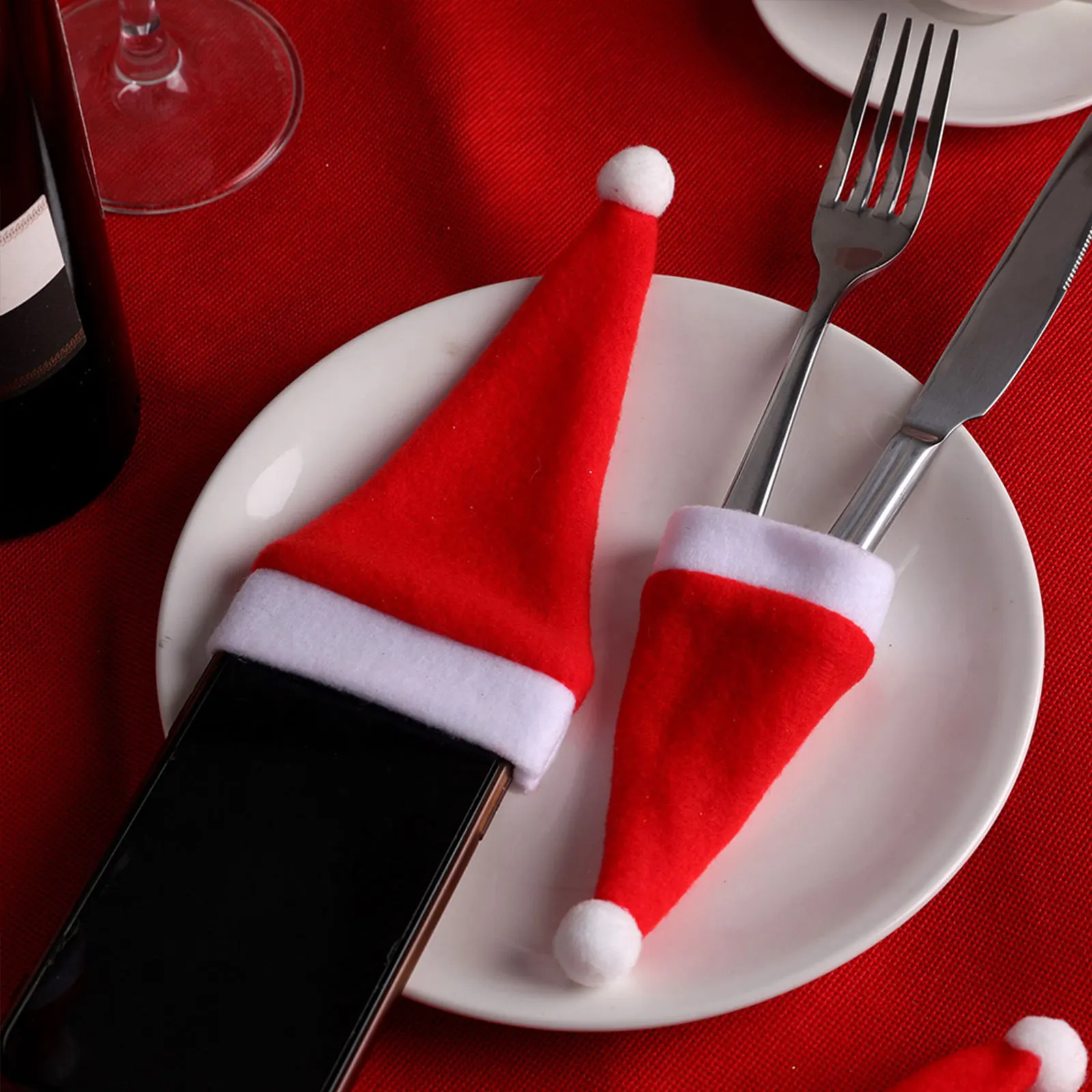 6pcs Christmas Hat Cutlery Bag Mini Santa Hats For Lollipop Wine Bottle Decor Kids Party Diy Craft Accessory Decor Storage