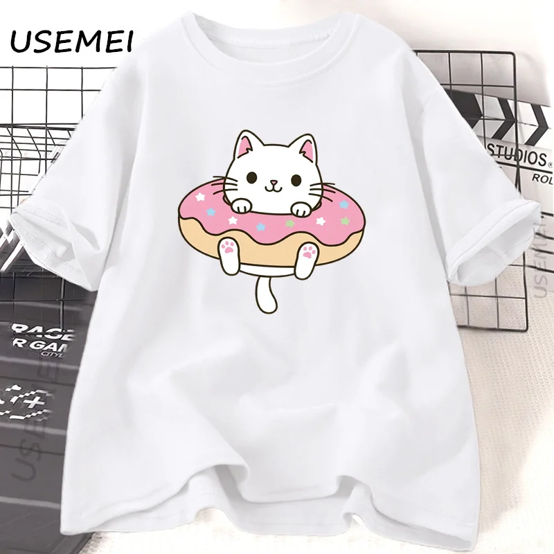 Grappige Donut Kat Grafische T-shirts Vrouwen Schattig Meisje T-shirt Casual Korte Mouw Katoenen T-shirt Mode Vrouwen Ademende Kleding