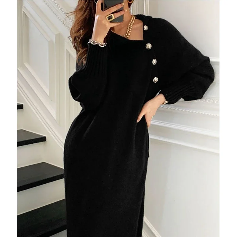 MEXZT Elegant Knitted Midi Dress Women Vintage Turtleneck Sweater One Piece Dresses Winter Korean Black Lace Up Chic Vestidos