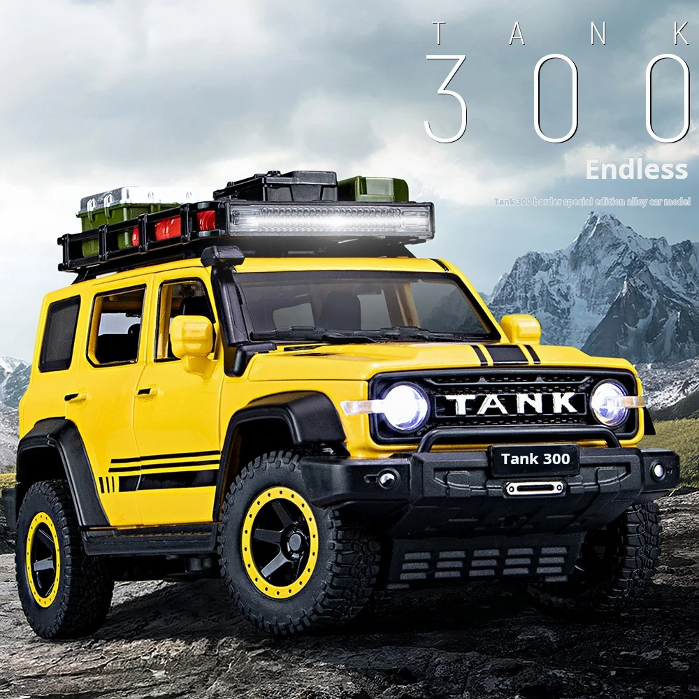 

1:24 Tank 300 Frontier Edition Camping Car Off Road SUV Alloy Diecast Model Toy Sound Light Pull Black Children Birthday Gift C