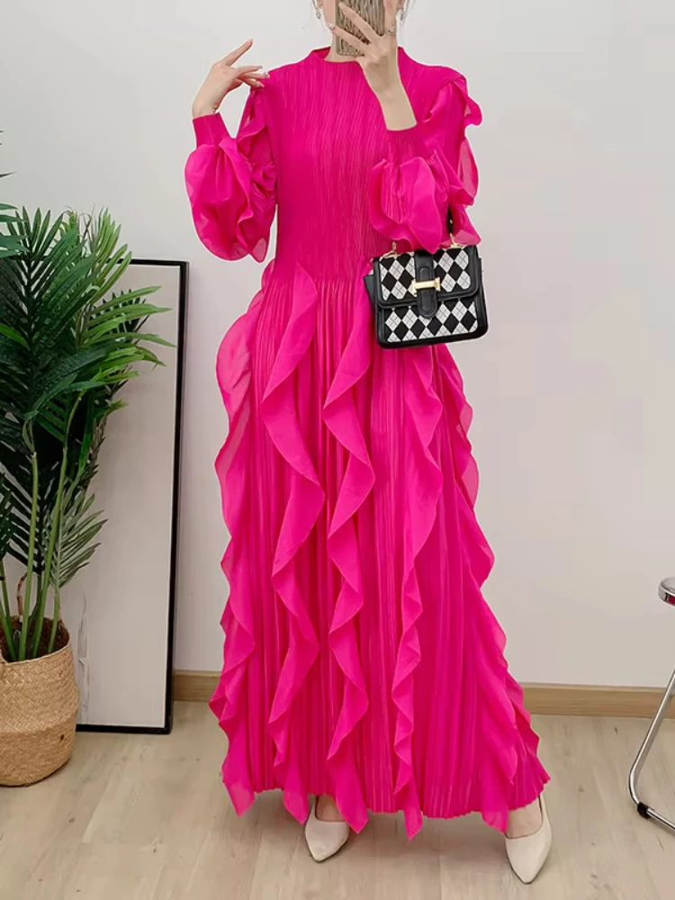 EGRM Fashion Ruffles Pleated Long Dress Women Round Neck Full Sleeves Solid Maxi Belt Dresses Party 2024 Autumn New 2AA1502