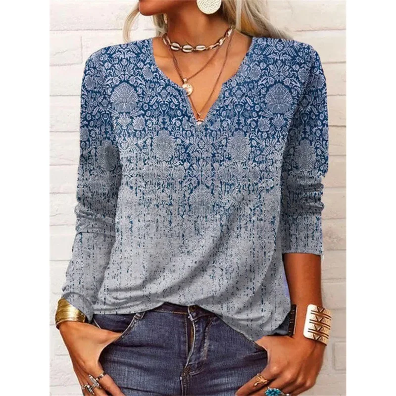 Women Blouse Shirt Long Sleeve Turn-Down Collar V Neck  Geometric Flower Print Casual Office Tops 2023 Summer pop New