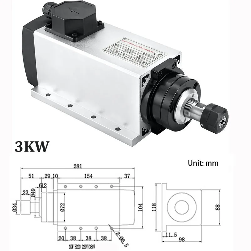 Square Air Cooled Spindle Motor 220V 2.2KW 3KW ER20 Collets 4 Bearings High Speed for CNC Engraving Milling Grind