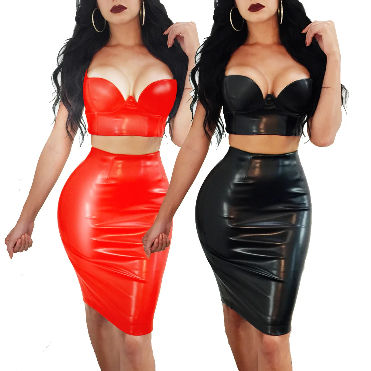 

Dresses For Women Wetlook PU Dress Sexy Black Split Bodycon Party Club Leather Dresses Midi Vestidos