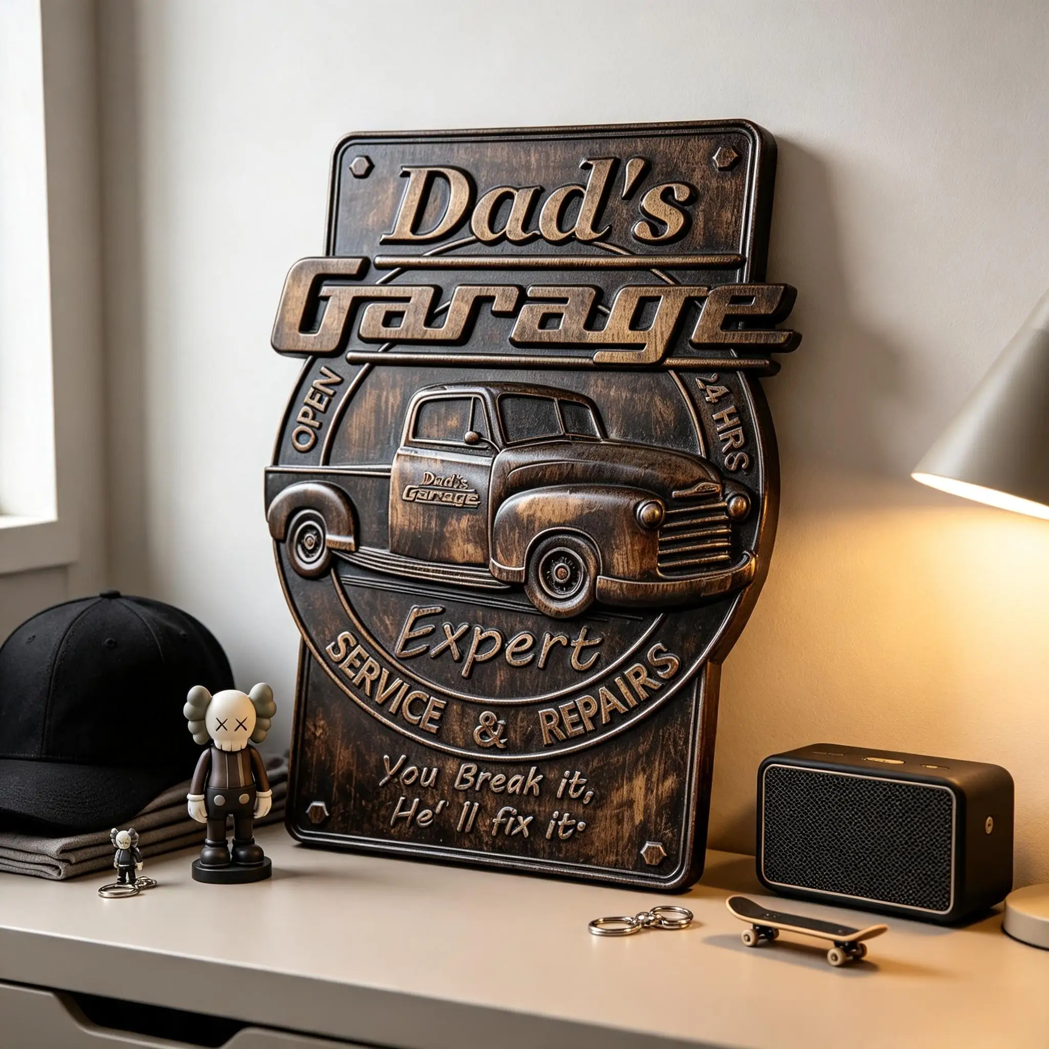 Hand‑Carved Vintage Dad’s Garage Wooden Sign Classic Old Pickup Truck Relief Plaque Retro Workshop Man Cave Wall Art Decor Dad C