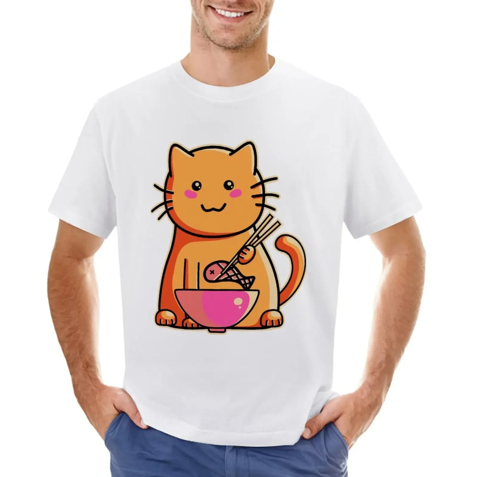 

Cute cat eating fish with chopsticks T-Shirt sports fans cute tops for a boy korean fashion mens vintage t shirts