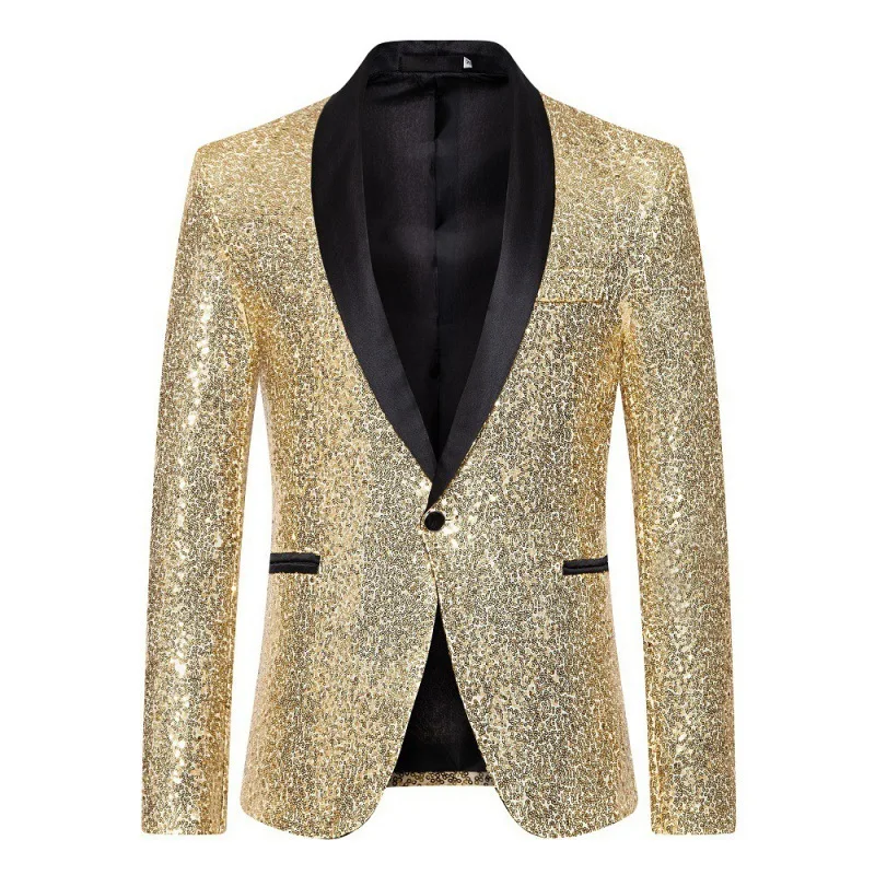 GB34 vestido de cantante masculino con lentejuelas, traje de novio dorado, chaqueta de actuación