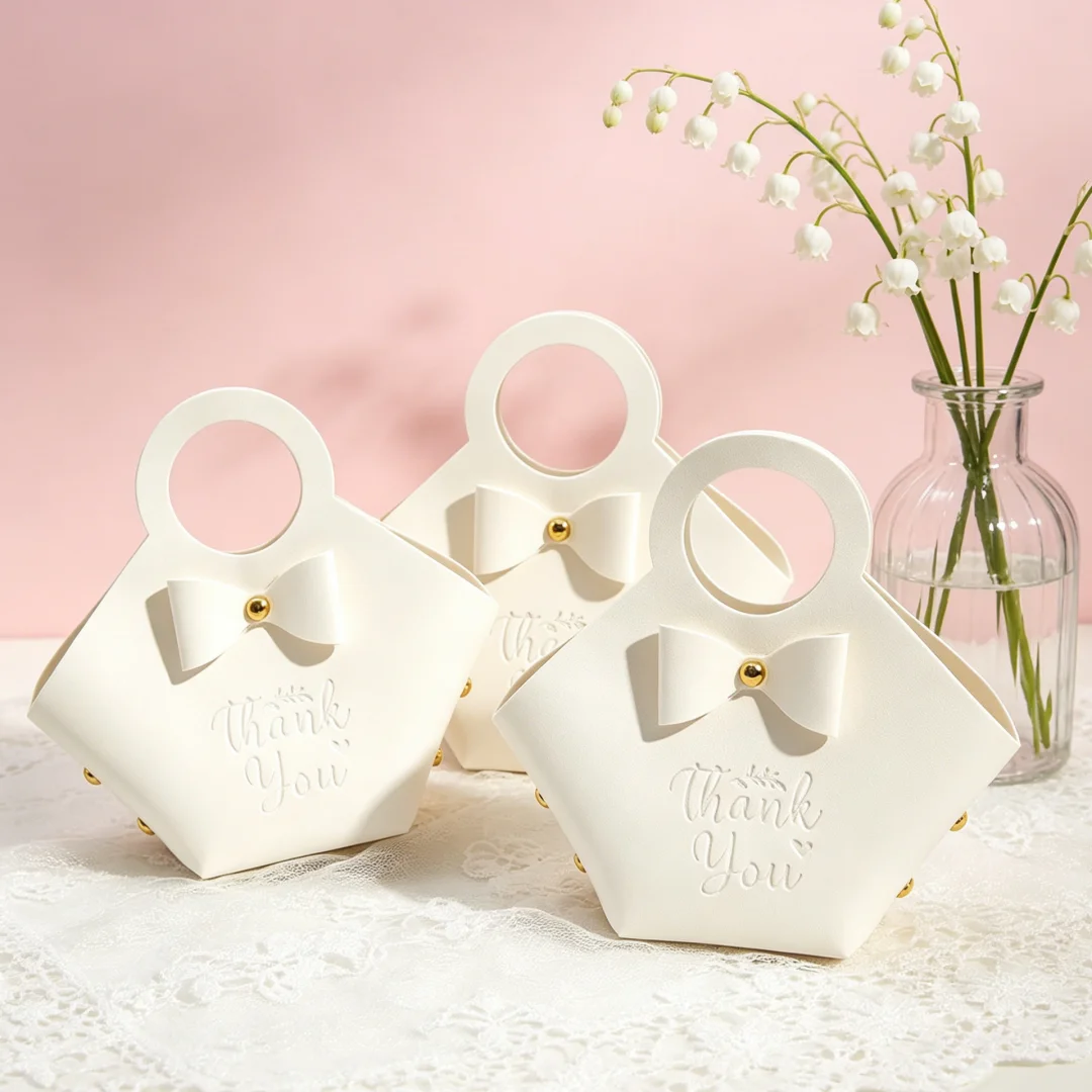 

White 16x9x7cm PU Leather Jewelry Bag Box Wedding Candy Chocolate Bowknot Handbag Ring Earring Bracelet Oil Storage Basket Pouch