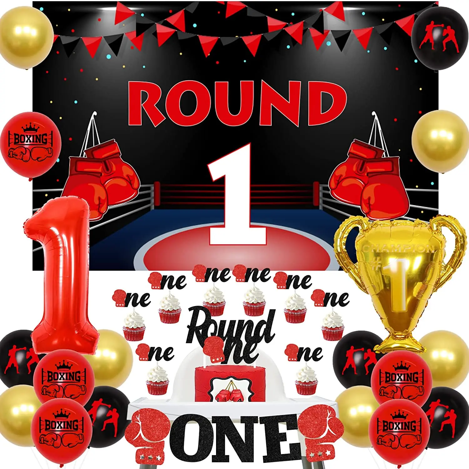 

Boxing 1st Birthday Party Decorations Round 1 Backdrop Cake toppers & Highchair Banner Trophy Balloons for Sports Theme Supplies
